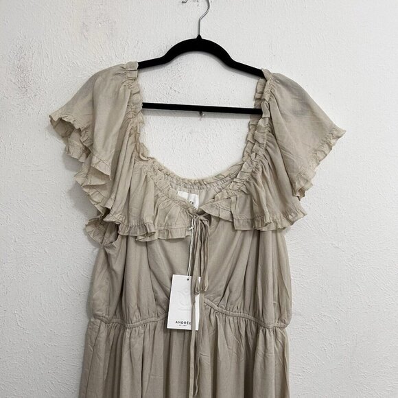 Andree By Unit Beige Maxi Long Dress Size 1X Off The Shoulder Ruffled Tie Front - Picture 2 of 11